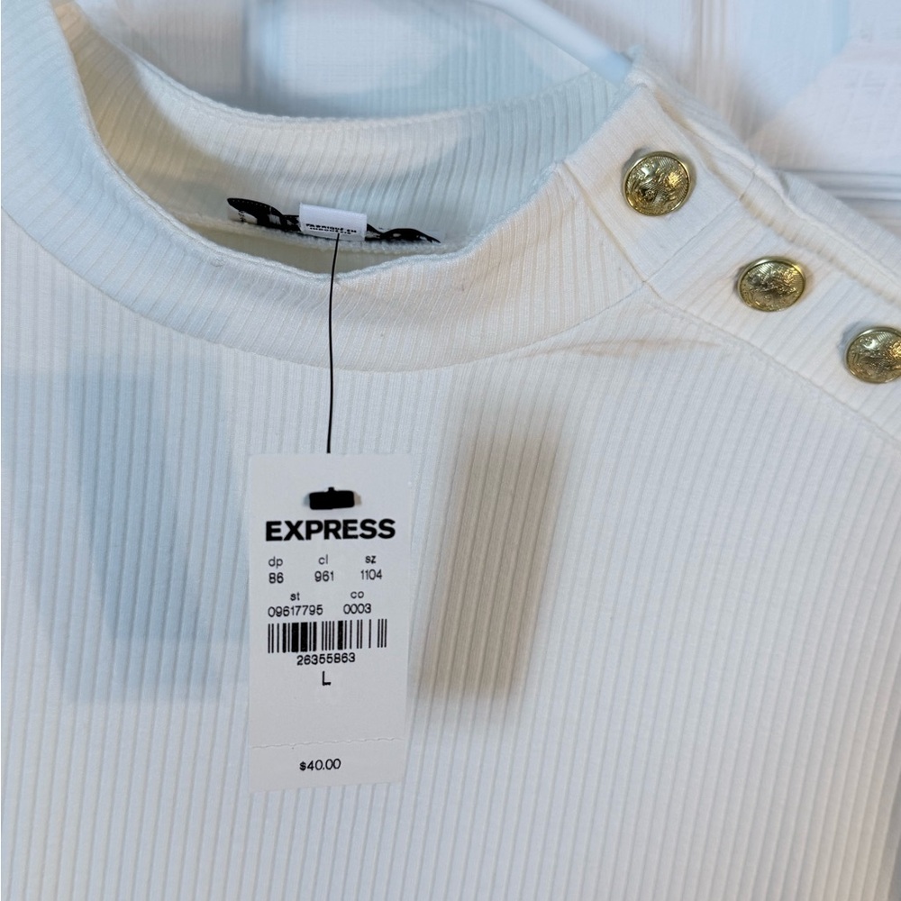 Express Ivory Ribbed Top with Metallic Button Details